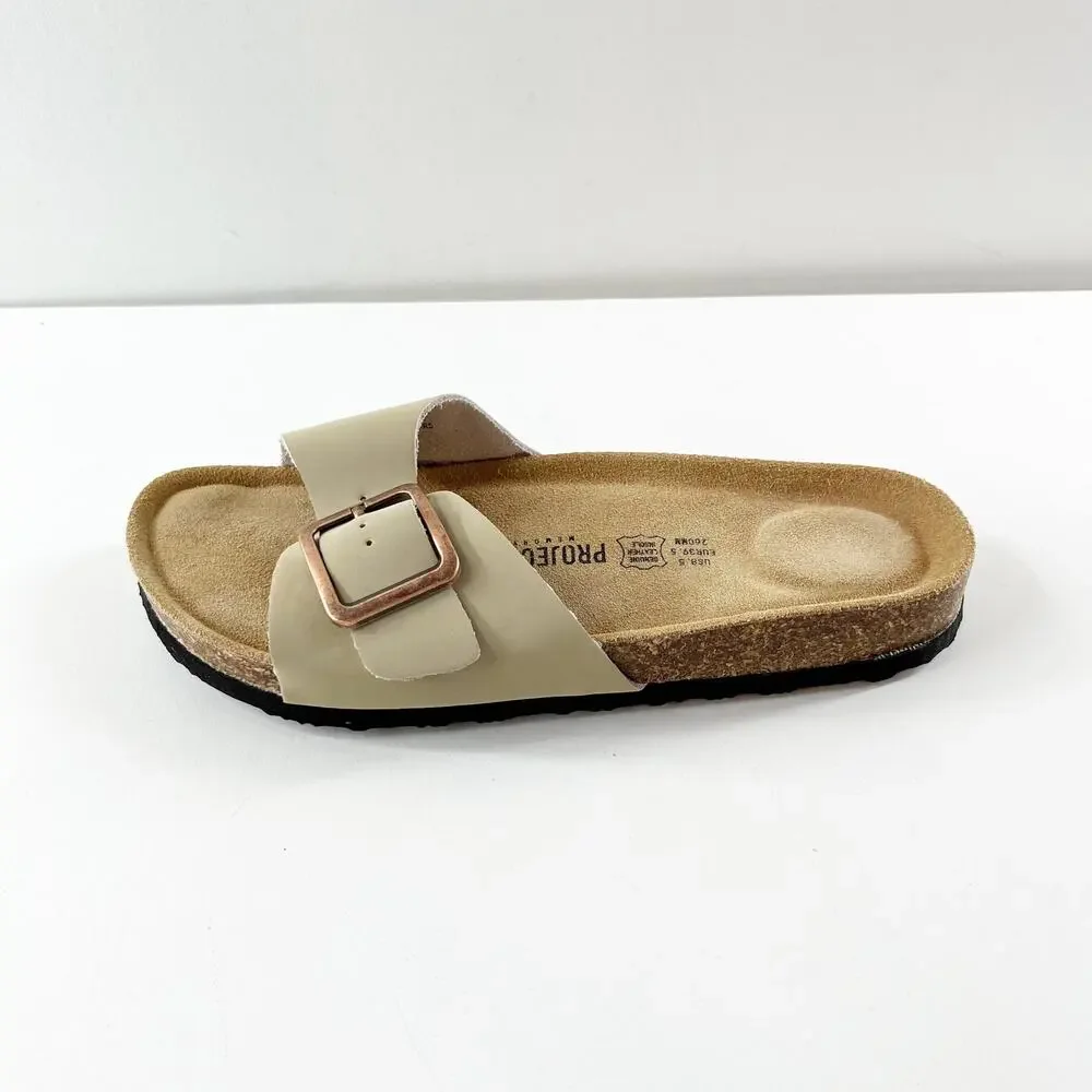 Birkenstock Madrid Big Buckle Nubuck Leather Slide Sandals Sandcastle Tan 8.5